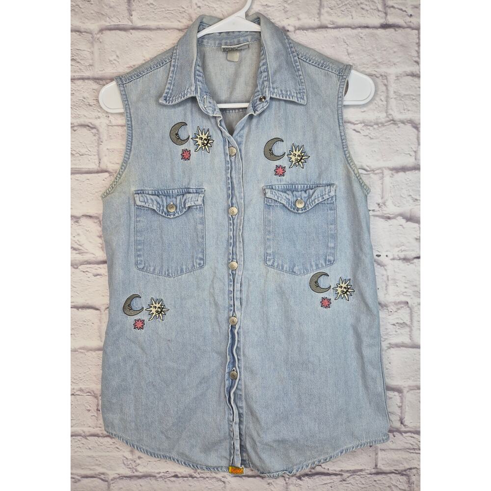 Vintage Jordache Celestial Denim Vest Womens Small Embroidered Sun Moon Star Y2K